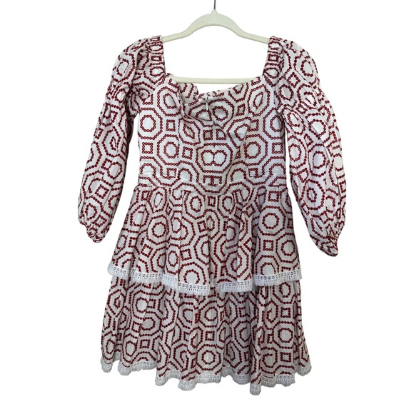 ALEXIS White Red Geometric Embroidered Tiered Square Neck Mini Dress M - Picture 7 of 7